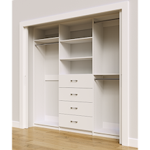 White custom closet system 87 inch with drawers and shelving for spacious clothing storage