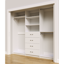 White custom closet system 96 inch with drawers and shelving for large wardrobe storage