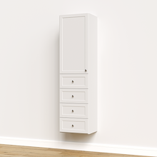 White half closet doors 19.5 inch shaker covering vertical closet shelving for a narrow kids closet.
