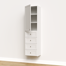 White half closet doors 19.5 inch shaker open showing adjustable shelves for dedicated linen storage.