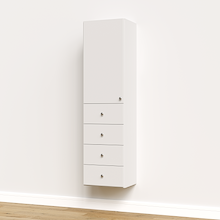 White half closet doors 19.5 inch slab on a reach-in closet tower covering open shelving.