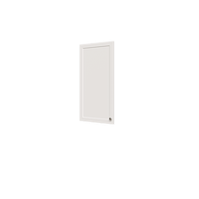 White half closet doors 19.5 inch shaker hiding open shelving inside a small modular closet tower.