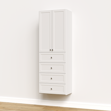 White half closet doors 25.5 inch shaker covering wide open shelving in a modular closet organizer.