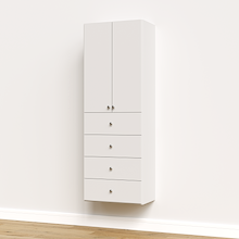 White half closet doors 25.5 inch slab covering open shelving in a wide modular closet tower.