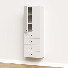 White half closet doors 25.5 inch slab open showing wide adjustable shelving for a wardrobe system.