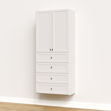 White half closet doors 31.5 inch shaker covering open shelves in a wide modular closet organizer.