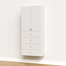 White half closet doors 31.5 inch slab open revealing large adjustable shelves and vertical tower units.
