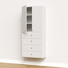 White half closet doors 31.5 inch slab covering storage shelves on a wide modular closet tower.