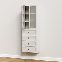 White 25.5 inch half closet doors with glass open revealing adjustable closet shelving and modular storage.