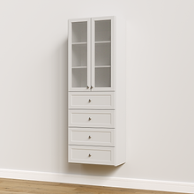 White 25.5 inch half closet doors with glass covering open shelving in a reach-in closet tower.