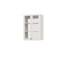 White 25.5 inch half closet doors with glass panels concealing adjustable shelves in a small closet.