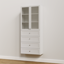 White 31.5 inch half closet doors with glass covering open shelving in a modern apartment closet.