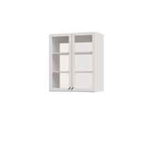 White 31.5 inch half closet doors with glass concealing wide adjustable shelves in a large closet tower.