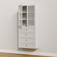 White 31.5 inch half closet doors with glass open revealing wide-span adjustable shelving and interior closet shelves.