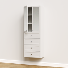White 25.5 inch half closet doors with mirrors open revealing adjustable closet shelving and modular storage.