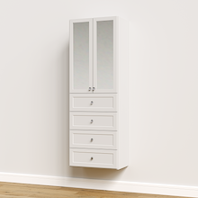 White 25.5 inch half closet doors with mirrors concealing adjustable shelves in a reach-in closet.