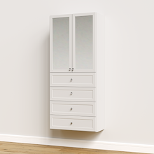 White 31.5 inch half closet doors with mirrors on a wide modular tower covering open closet shelving.