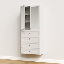 White 31.5 inch half closet doors with mirrors open revealing wide-span adjustable shelving and interior storage.