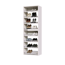 White shoe tower with 8 slanted shelves for high heels and formal footwear.