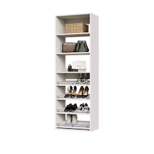 White shoe tower with 4 slanted shelves for both angled and flat shoe storage.