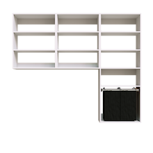 White Select Laundry Kit with a shelf tower with a pull-out hamper and overhead laundry shelving providing utility room organization.