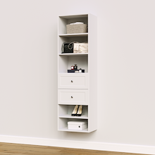 White shaker 2-drawer closet shelf tower module featuring five open shelves and two deep drawers for sweaters and folded clothing storage.