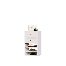 White shaker closet drawer cabinet with decorative fronts and shelves for folded jeans and sweaters.