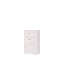 White shaker closet drawers for reach-in wardrobe storage.