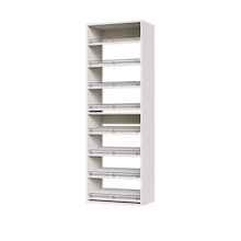 White shoe shelving with 8 slanted shelves for visible shoe display in a bedroom closet.