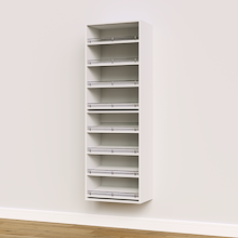 White shoe tower featuring 8 slanted shelves for sneaker and heel storage.