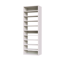White closet shoe shelving with 10 straight shelves for stacked sneakers and shoes.