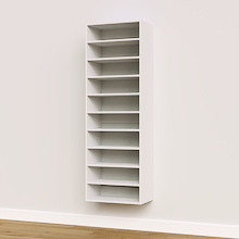 White shoe tower with 10 straight shelves installed in a reach-in closet.