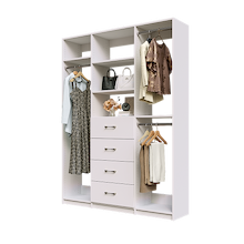 White Ultimate closet organizer 63 inch with drawers, shelving and efficient reach-in hanging storage