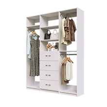 White Ultimate closet organizer 66 inch with drawers, shelving and space-saving hanging storage
