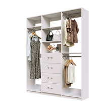 White Ultimate closet organizer 69 inch with drawers, shelving and organized clothing hanging storage
