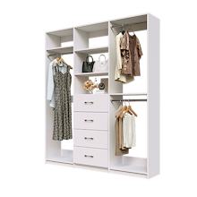 White Ultimate closet organizer 72 inch with drawers, shelving and long hanging storage for dresses