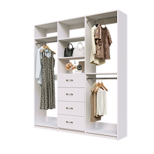 White Ultimate closet organizer 75 inch with drawers, shelving and long hanging storage for coats