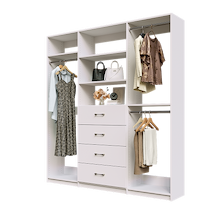 White Ultimate closet organizer 78 inch with drawers, shelving and organized clothing hanging storage