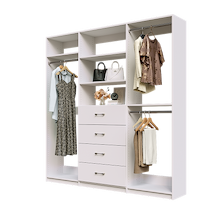 White Ultimate closet organizer 81 inch with drawers, shelving and full-length hanging storage