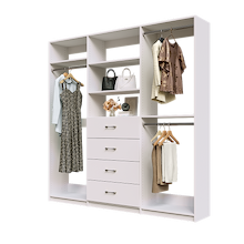 White Ultimate closet organizer 84 inch with drawers, shelving and generous clothing hanging storage