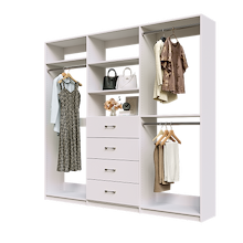 White Ultimate closet organizer 90 inch with drawers, shelving and high-capacity long hanging storage