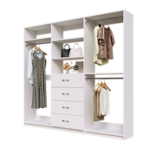 White Ultimate closet organizer 93 inch with drawers, shelving and expanded clothing hanging storage