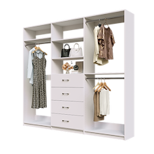White Ultimate closet organizer 96 inch with drawers, shelving and maximum long hanging storage