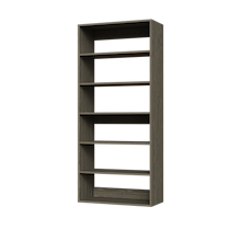 Grey 30 inch walk-in closet organizer for streamlined clothes and handbags.
