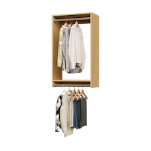 25.5 inch double hanging closet in natural oak with winter coats for entryways.