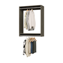 34.5 inch double hanging closet in grey with winter gear for bulky storage.