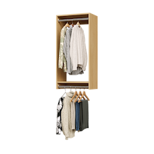 21 inch double hanging closet in natural oak with shirts for bedrooms.