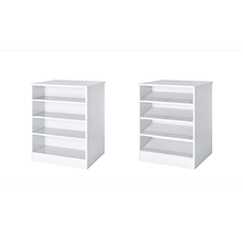 White freestanding closet island with adjustable shelves and slanted shoe shelves for footwear and clothing storage.