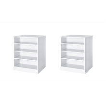White freestanding closet island with adjustable shelves on one side and adjustable shelves on the other for double-sided storage.