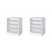 White freestanding closet island with slanted shoe shelves on one side and slanted shoe shelves on the other for footwear display.
